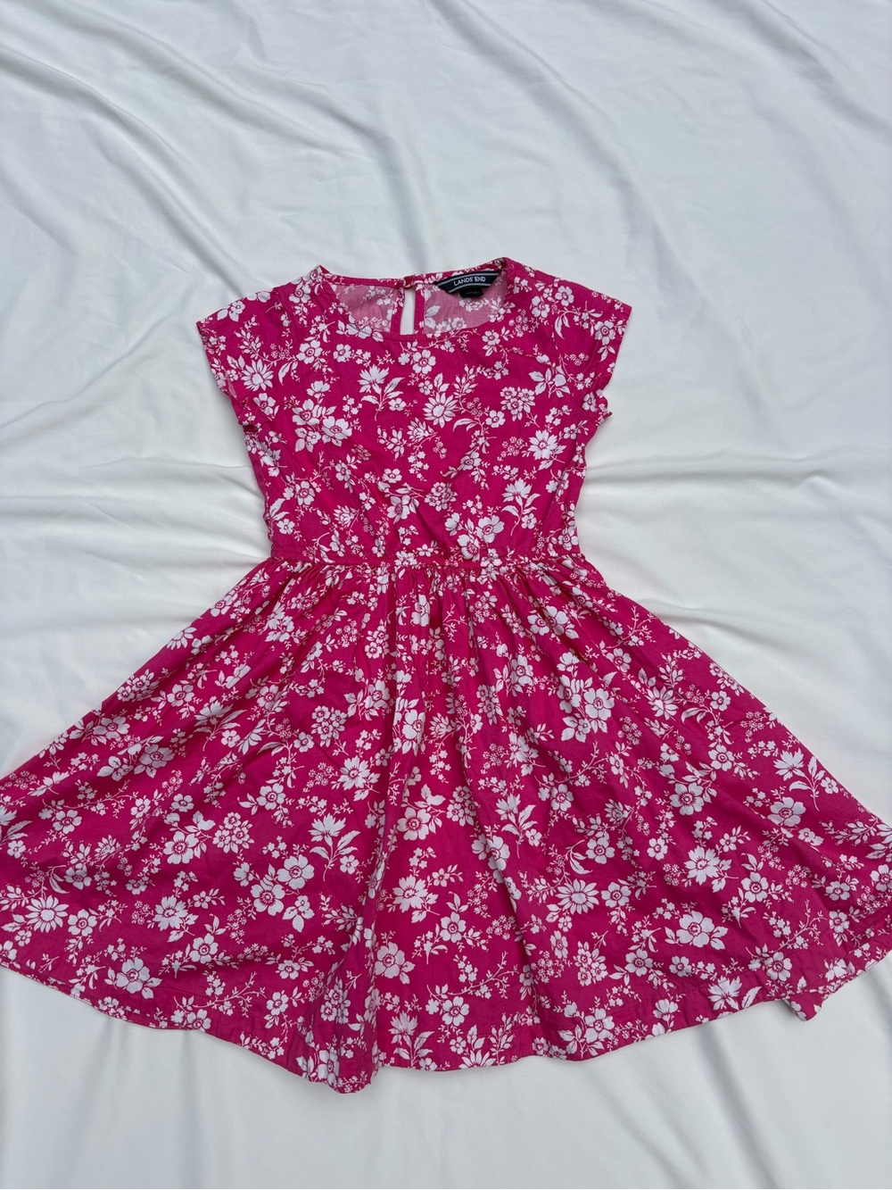 Girls' Lands End Floral Fit-and-Flare Dress - Pink/White, size 7